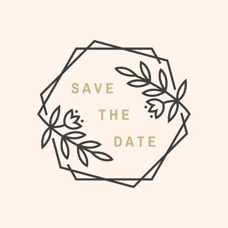 Wedding invitation card template. Vector. Thin line geometric badge. Outline icon for save the date invitation card design. Modern minimalist frame design with leaf, flowers decorのイラスト素材