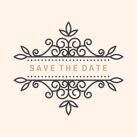 Wedding invitation card template. Vector. Thin line geometric badge. Outline icon for save the date invitation card design. Modern minimalist frame design with leaf, flowers decorのイラスト素材