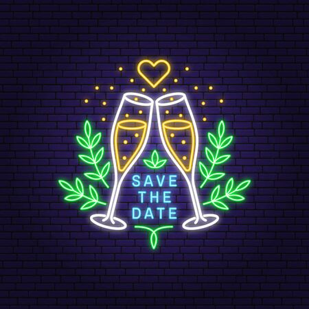 Wedding neon invitation card template. Vector illustration. Thin line geometric badge. Outline icon for save the date invitation card design. Modern neon minimalist design with champagne glassのイラスト素材