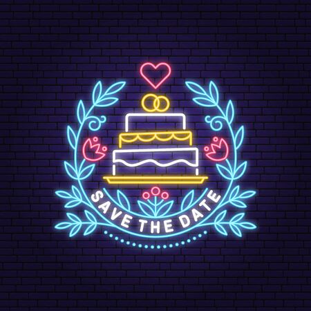 Wedding neon invitation card template. Vector. Thin line geometric badge. Outline icon for save the date invitation card design. Modern minimalist design with wedding cake and leaf decorのイラスト素材