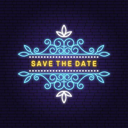 Wedding neon invitation card template. Vector. Thin line geometric badge. Outline icon for save the date invitation card design. Modern minimalist frame design with leaf, flowers decorのイラスト素材