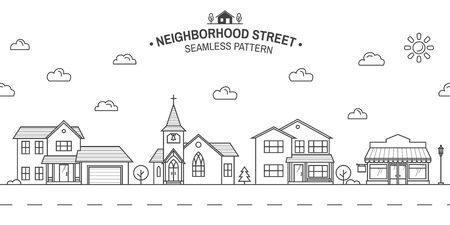 Neighborhood with home, store and church illustrated on white Vector thin line icon suburban american houses. For web design and application interface. Seamless pattern or background for wallpaperのイラスト素材