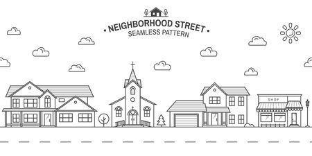 Neighborhood with home, store and church illustrated on white Vector thin line icon suburban american houses. For web design and application interface. Seamless pattern or background for wallpaperのイラスト素材