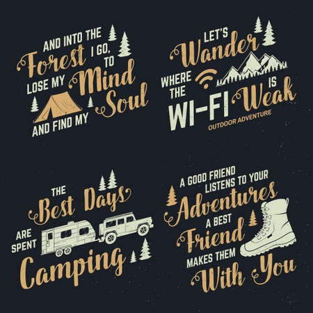 Set of adventures inspirational quote badges, template Vector. Concept for shirt,  print, stamp or tee. Vintage typography design with hiking boot, camping tent, mountain and forest silhouette.のイラスト素材