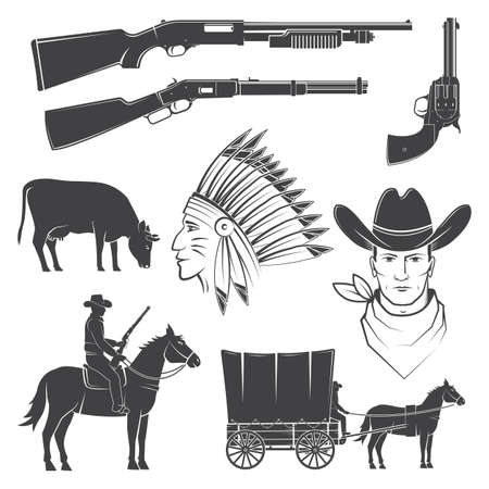 Set of cowboy club icon. Vector. Concept for shirt,   print, stamp, tee with cowboy and shotgun. Vintage typography design with wild west icon and western rifle silhouette.のイラスト素材