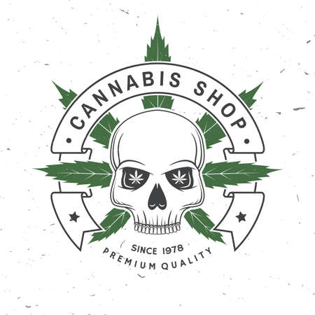 Medical cannabis shop badge, label with skeleton skull. Vector. Vintage typography  design with cannabis, skeleton skull silhouette For weed shop, cannabis, marijuana delivery serviceのイラスト素材