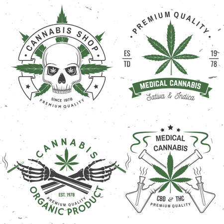 Set of medical cannabis badge, label with skull, skeleton hand, smoking marijuana. Vector Vintage typography  design with cannabis, skeleton hand silhouette For weed shop, marijuana deliveryのイラスト素材