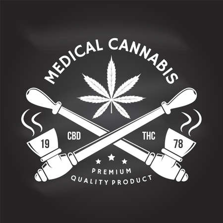Medical cannabis badge, label with cannabis leaf, marijuana pipe Vector Vintage typography logo design with cannabis leaf, marijuana pipe silhouette For weed shop cannabis, marijuana delivery serviceのイラスト素材