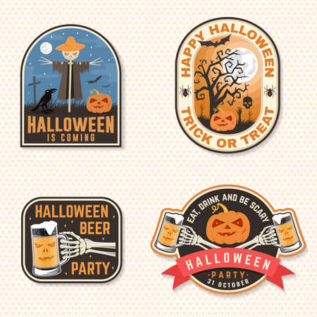 Halloween Beer party patch. Halloween retro badge, pin. Sticker for logo, print, seal. Scarecrow with raven, pumpkin, skeleton hand with glass of magic beer. Typography design- stock vector.のイラスト素材