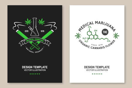 Medical cannabis poster, flyer, template with cannabis leaf, glass bong Vector.のイラスト素材