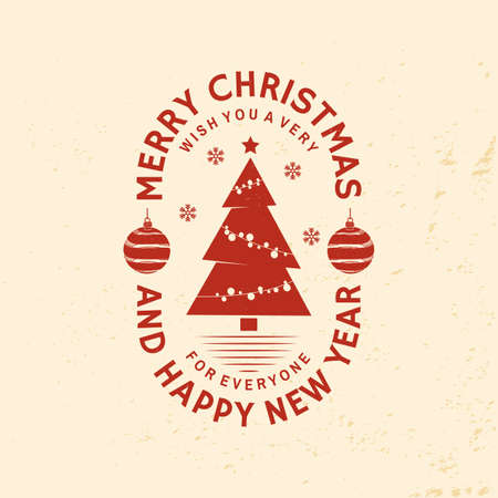 Merry Christmas and Happy New Year stamp, sticker set with snowflakes, hanging christmas ball, tree. Vector. Vintage typography design for xmas, new year emblem in retro style.のイラスト素材