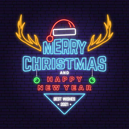 Merry Christmas and Happy New Year neon sign with elk, christmas hat, hanging christmas ball. Vintage typography design for xmas, new year emblem in retro style.のイラスト素材