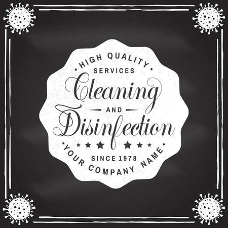 Disinfection and cleaning services badge,  emblem. Vector. For professional disinfection and cleaning company. Vintage typography design with disinfectant worker and sprayerのイラスト素材