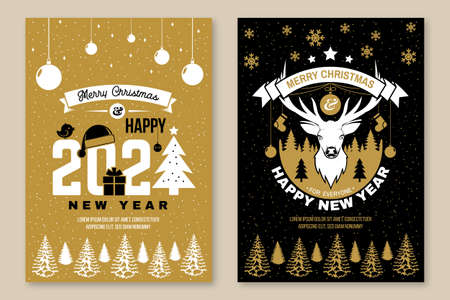 Set of Merry Christmas and 2021 Happy New Year poster flyer, greeting cards. Set quotes with snowflakes, sweet christmas candy, deer. Vector. Vintage typography design for xmas, new year emblemのイラスト素材