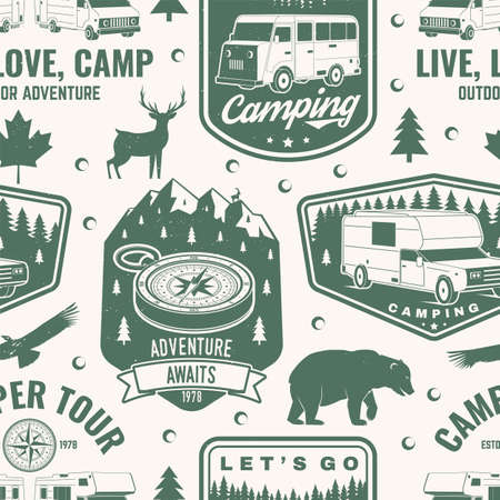 Set of outdoor adventure seamless pattern, background. Vector. Seamless camping pattern with RV Motorhome, camping trailer, compass and off-road car silhouette. Camping textureのイラスト素材