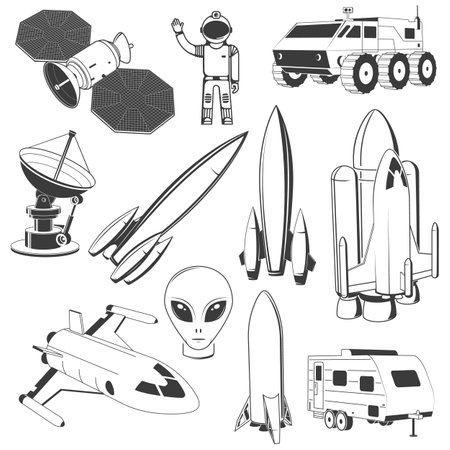 Set of space icon. Vector. Concept for shirt, print, stamp. Spaceman, astronaut, satellite, alien, shuttle, rocket, mars rover, camper trailer, shuttle.のイラスト素材