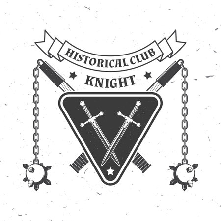 Knight historical club badge design. Vector illustration Concept for shirt, print, stamp, overlay or template. Vintage typography design with flail and shield silhouette.のイラスト素材