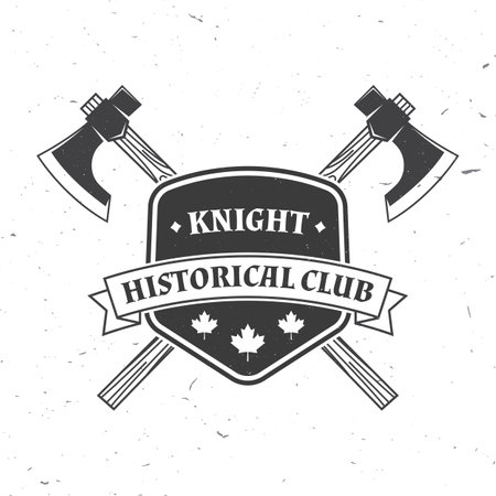Knight historical club badge design. Vector illustration Concept for shirt, print, stamp, overlay or template. Vintage typography design with battle axe and shield silhouette.のイラスト素材
