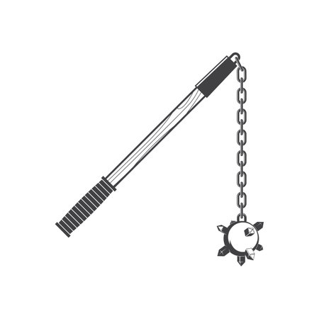 Flail with spiked ball isolated on the white background. Vector. Knight equipment icon, flail with spiked ball silhouette.のイラスト素材