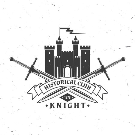 Knight historical club badge design. Vector illustration Concept for shirt, print, stamp, overlay or template. Vintage typography design with swords and castle silhouette.のイラスト素材