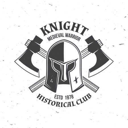 Knight historical club badge design. Vector illustration Concept for shirt, print, stamp, overlay or template. Vintage typography design with battle axe and knight helmet silhouette.のイラスト素材