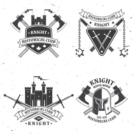 Set of knight historical club badge design. Vector Concept for shirt, print, stamp, overlay or template. Vintage typography design with battle axe, knight helmet, swords castle silhouetteのイラスト素材