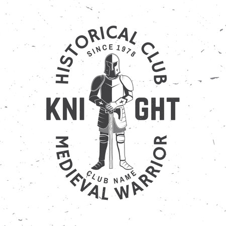 Knight historical club badge design. Vector illustration Concept for shirt, print, stamp, overlay or template. Vintage typography design with knight and sword silhouette.のイラスト素材