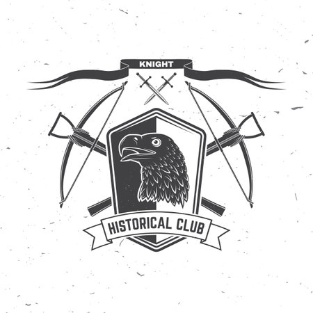 Knight historical club badge design. Vector illustration Concept for shirt, print, stamp, overlay or template. Vintage typography design with crossbows, eagle and shield silhouette.のイラスト素材