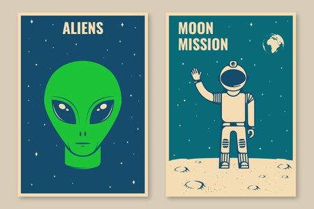 Space mission posters, banners, flyers. Vector. Concept for shirt, print, stamp, overlay or template. Vintage typography design with astronaut on the moon, alien and the space silhouette.のイラスト素材