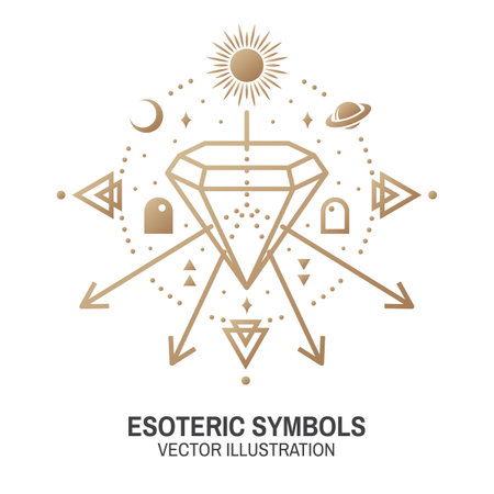 Esoteric symbols. Vector. Thin line geometric badge. Outline icon for alchemy or sacred geometry. Mystic and magic design with alchemy symbols and crystals.のイラスト素材