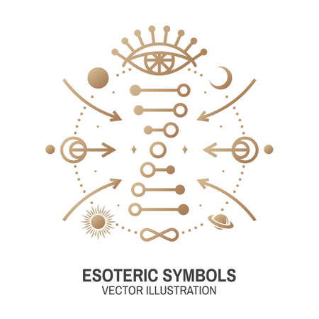 Esoteric symbols. Vector. Thin line geometric badge. Outline icon for alchemy or sacred geometry. Mystic and magic design with all-seeing eye and dna.のイラスト素材