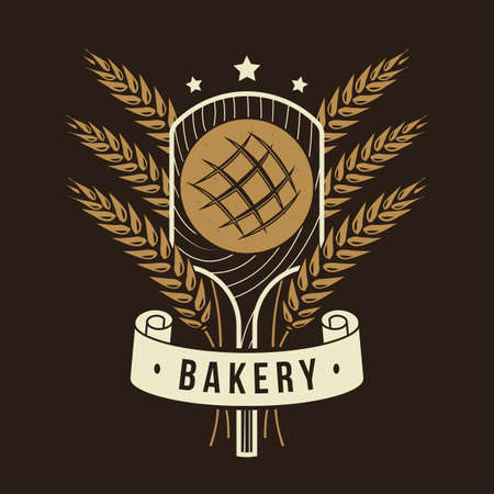 Bakery badge. Vector illustration Typography design with bread on the shovel, ears of wheat silhouette. Template for restaurant identity objects, packaging and menuのイラスト素材