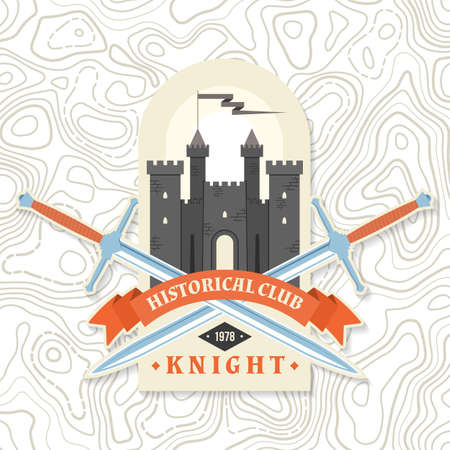 Knight historical club badge design. Vector illustration Concept for shirt, print, stamp, overlay or template. Vintage typography design with knight swords and castle silhouette.のイラスト素材