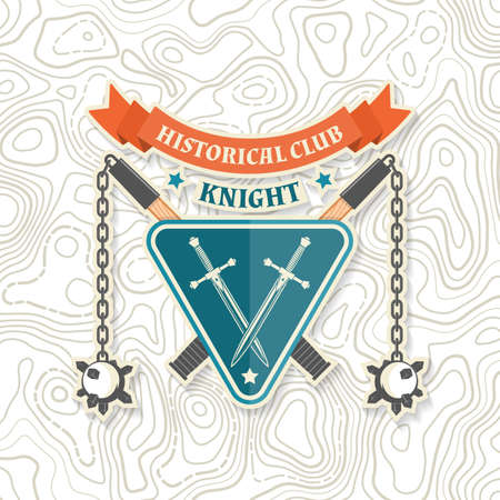 Knight historical club badge design. Vector illustration Concept for shirt, print, stamp, overlay or template. Vintage typography design with flail and knight shield silhouette.のイラスト素材