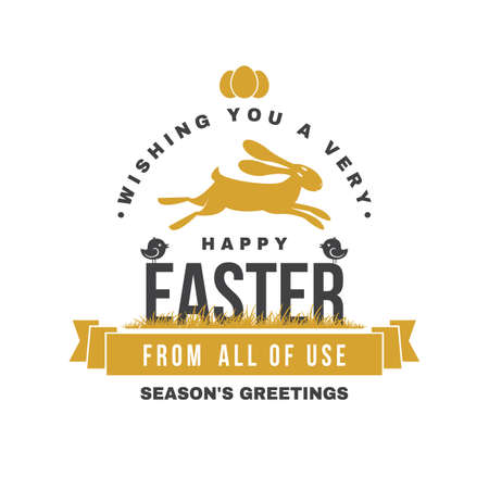 Happy Easter card, badge, sign. Vector. Typography design with easter rabbit and hand eggs. Modern minimal style. For poster, greeting card, overlay, stickerのイラスト素材