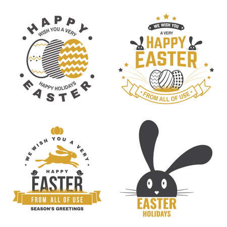 Happy Easter card, badge, logo, sign. Vector. Typography design with easter rabbit and hand eggs. Modern minimal style. For poster, greeting card, overlay, sticker. Easter Egg Huntのイラスト素材