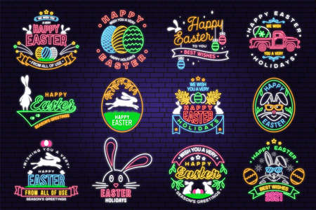 We wish you a very happy easter neon card, badge, logo, sign. Vector Neon typography design with rabbit and hand eggs. Modern minimal style. Easter Egg Huntの写真素材