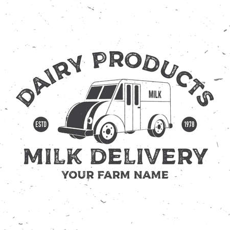 Milk delivery badge. Vector. Typography design with milk truck silhouette. Template for dairy and milk farm business - shop, market, packaging and menuのイラスト素材