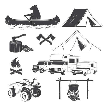 Set of Hiking and Camping icons isolated on the white background. Vector. Set include car, quad bike, kayak, pot on the fire, axe, bear, tent, campfire, canoe silhouetteのイラスト素材