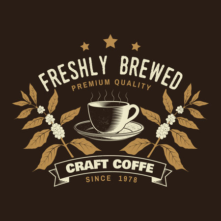 Coffee shop logo, badge template. Vector . Typography design with coffee cup and branch of coffee tree silhouette. Template for menu for restaurant, cafe, bar, packagingのイラスト素材