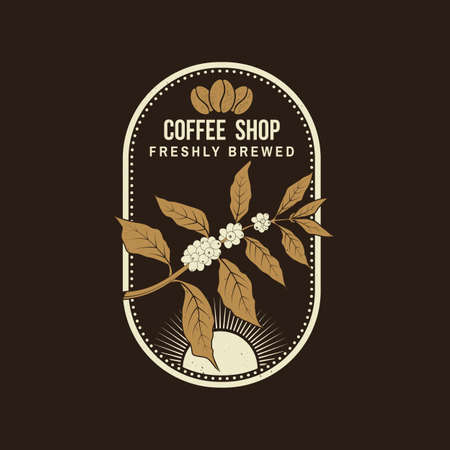 Coffee shop logo, badge template. Vector . Typography design with coffee cup and branch of coffee tree silhouette. Template for menu for restaurant, cafe, bar, packagingのイラスト素材