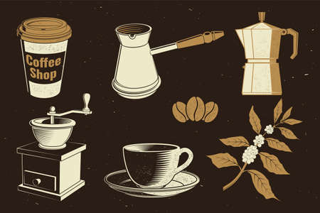 Vintage coffee equipment. Vector. Set include paper coffee cup, grinder, beans, cup and branch of coffee tree silhouette. Icon for menu for restaurant, cafe, bar, packagingのイラスト素材