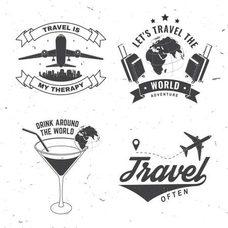 Set of travel badge, logo Travel inspiration quotes with globe, airplane, suitcase and cocktail silhouette. Vector illustration. Motivation for traveling poster typography.のイラスト素材