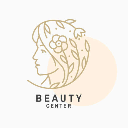 Woman face and flower with leafs logo, label, badge, emblem. Beauty center sign for cosmetics, jewellery, beauty and handmade products, tattoo studios. Linear trendy style. Vector illustrationのイラスト素材