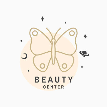 Beauty center with butterfly for logo, label, badge, sign, emblem. Set for cosmetics, jewellery, beauty and handmade products, tattoo studios. Linear trendy style. Vector illustration. Thin line iconのイラスト素材