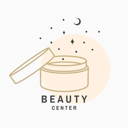 Beauty center with cosmetic cream for  label, badge, sign, emblem. Set for cosmetics, jewelry, beauty and handmade products, tattoo studios. Linear trendy style. Vector. Thin line iconのイラスト素材