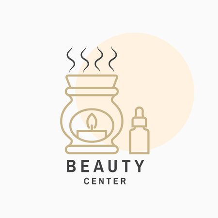 Beauty center with ceramic candle aroma oil lamp for  label, badge, sign, emblem. Set for cosmetics, jewelry, beauty and handmade products, tattoo studios. Linear trendy style. Vectorのイラスト素材