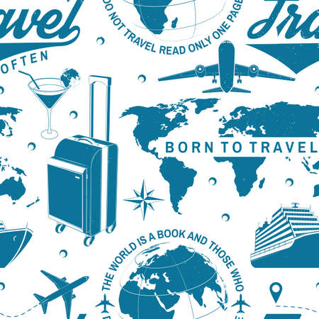 Travel seamless pattern or background with design element. Seamless scene with travel inspiration quotes, globe, airplane, suitcase, cocktail silhouette Vector illustration. Motivation for travelingのイラスト素材