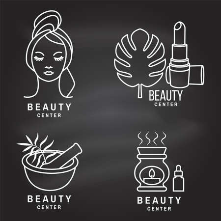 Set of Beauty center emblem with woman face, ceramic candle aroma oil lamp, mortar and pestle, lipstick. Beauty center label, badge, sign for cosmetics, jewelry, beauty. Linear trendy style. Vectorのイラスト素材
