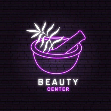 Neon sign. Beauty center with flowers, mortar and pestle for logo, label, badge, sign, emblem. For cosmetics, jewellery, beauty and handmade products, tattoo studios. Linear trendy style. Vectorのイラスト素材